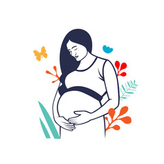 Expectant mother hugs the baby in her belly on a colorful background with flowers