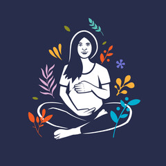 Expectant mother hugs the baby in her belly on a colorful background with flowers