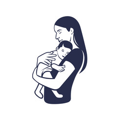 A happy mother holds her child in her arms.