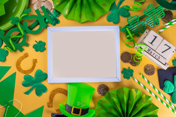 Happy Patrick's Day greeting card, party invitation. Accessories for St Patrick holiday leprechaun...