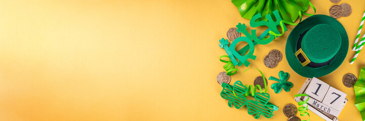 Happy Patrick's Day greeting card, party invitation. Accessories for St Patrick holiday leprechaun...