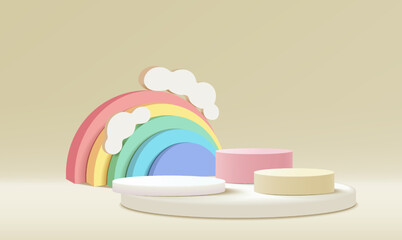 3d pink podium on pastel background abstract geometric shapes with cute rainbow, kids product display
