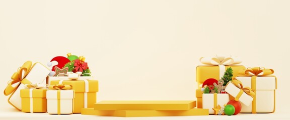 christmas and new year holiday concept. yellow square podium with present gifl boxes. open gift box with christmas decorations. yellow square podium product display. 3d illustration
