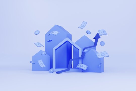3d illustration of real estate search on property investment concept. money floating around buildings and growth arrow. monochromatic interior blue art.