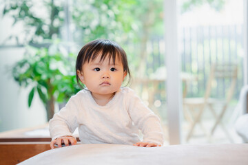 Fototapeta premium 家でつかまり立ちをする赤ちゃん