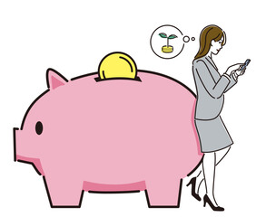 豚の貯金箱　女性ビジネスパーソン　スマホで資産運用