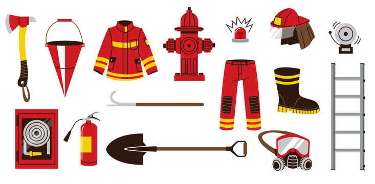 Fire fighting equipment. Cartoon fireman tools doodle flat style, firefighter icons axe bucket hose hydrant helmet safety concept. Vector isolated set