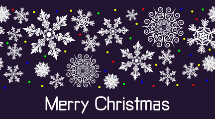 Snow blizzard of elegant snowflakes and multicolored lights of New Year's garlands. Merry Christmas text. Holiday banner for celebration decoration design.