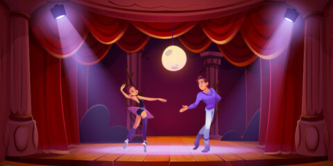Theater stage with ballet dancers couple and backdrop of night landscape. Ballerina in tutu dance with man on wooden scene with red curtains, columns and spotlights, vector cartoon illustration © klyaksun