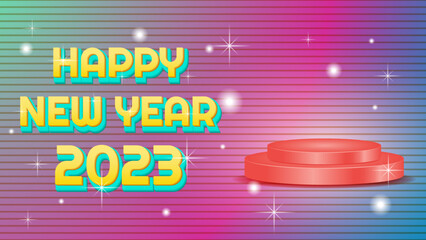 3d text effect, red podium and colorful background design for happy new year 2023. simple and elegant concept. use for promotion, greeting and advert