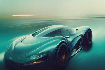 Fototapeta na wymiar Abstract futuristic car riding on the high speed. Blurred motion, sense of speed. Beautiful illustration generated by Ai. Generative art