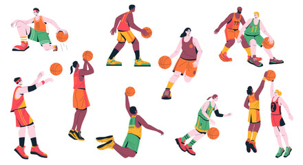 Fototapeta na wymiar Basketball players. Cartoon male and female characters playing sport game dribbling jumping throwing ball in basket, athletes in dynamic pose. Vector set