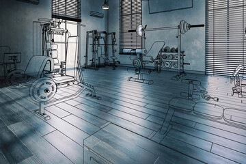 Fototapeta Body Building Center With Exercise Machines Integrated Inside a Penthouse Fitness Area (illustration) - 3D Visualization obraz