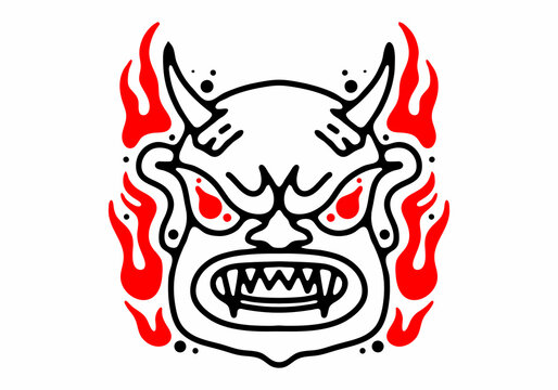 Tattoo design of monster face with horn and fire flame