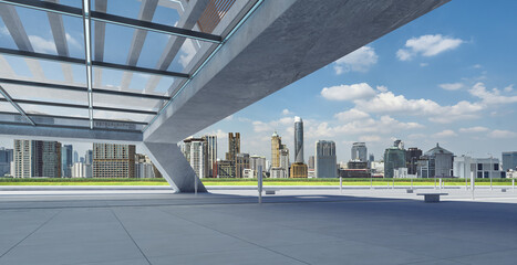 Fototapeta na wymiar Perspective view of empty floor and modern rooftop building