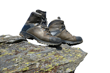 Hiking shoes on the rock isolated, PNG.