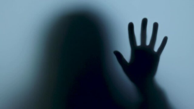 terrible blurred shadow in the window. Concept of horror, robbers