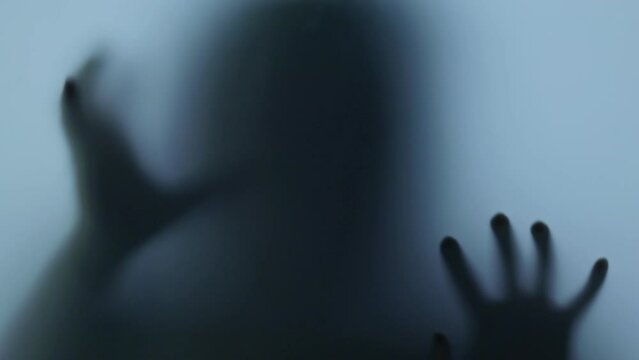 terrible blurred shadow in the window. Concept of horror, robbers