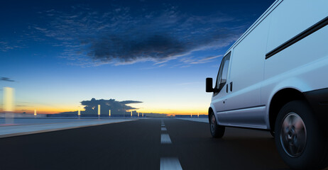 Van delivery on road at sunrise