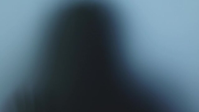 terrible blurred shadow in the window. Concept of horror, robbers