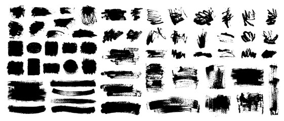 Set of black paint, ink brush strokes, boxes, frames, lines, smudges. Vector dirty, grunge artistic design elements, backgrounds, textures.