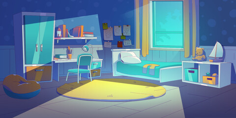 Child bedroom interior at night. Contemporary vector illustration of boys room with bed, desk, chair, wardrobe, toys on shelf, carpet on floor, pictures on wall illuminated by moonlight through window