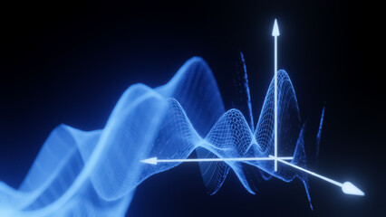 Mathematical formula equation axis visualization, modern abstract grid, wireframe structure, digital technology science concept 3D render isolated on black background with copy space for text