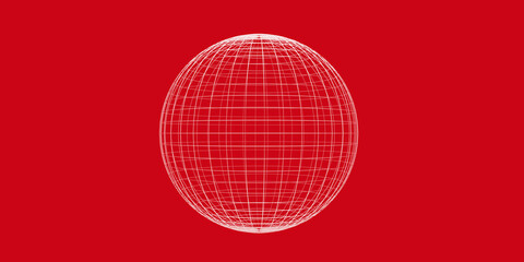 3D wireframe globe or sphere on red background, visualization of geography or navigation concept with latitude and longitude coordinates