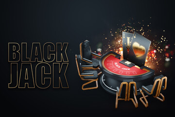 Table for a blackjack card game on a dark background. The concept of casino, gambling, card games, poster, online, betting, risk, poster for advertising. 3D render, 3D illustration, copy space. - obrazy, fototapety, plakaty