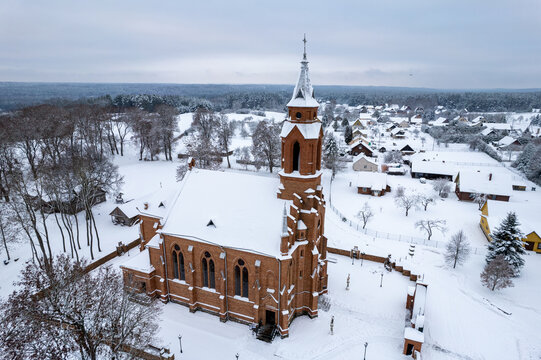 Aerial winter day snowy view of Kernavė, Lithuania