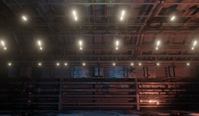 Underground laboratory corridor metal grate with lighting in dark scene 3D rendering sci-fi room wallpaper backgrounds