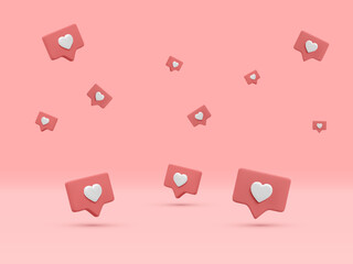 3d realistic conceptual banner of notifications on light background..Flying social media like icons in different position and various size. Vector illustration