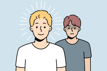 Fototapeta premium Happy guy stands in front of sad one. Gloomy man is after joyful one. Boy is jealous of success of friend, neighbor, wants to take revenge, harm him. Winner, looser. Vector outline illustration.