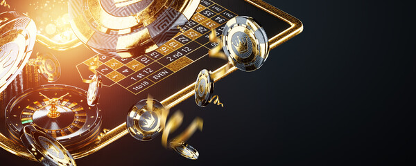 Casino flyer, website header, advertising poster. Gambling, billet, betting, jackpot, copy space. 3D render, 3D illustration.