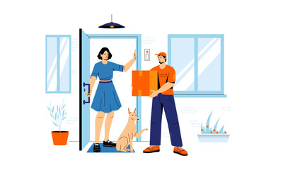 Delivery to door. Cartoon deliveryman gives customer order to client, cartoon courier mailman with parcel near doorway food logistic concept. Vector illustration