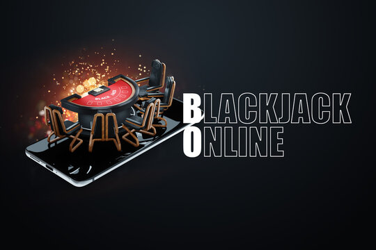 Online blackjack, blackjack card game table on smartphone. Creative image, modern design, gambling, card games, online, betting, risk. 3D render, 3D illustration.