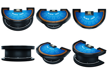 Blackjack card game table isolated on white background, multiple images set. Blue canvas. The concept of casino, gambling, card games, online, betting, risk. 3D render, 3D illustration.