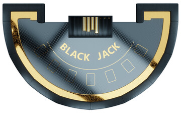 Blackjack card game table isolated on white background, top view. Black and gold style, luxury, VIP. The concept of casino, gambling, card games, online, betting, risk. 3D render, 3D illustration.