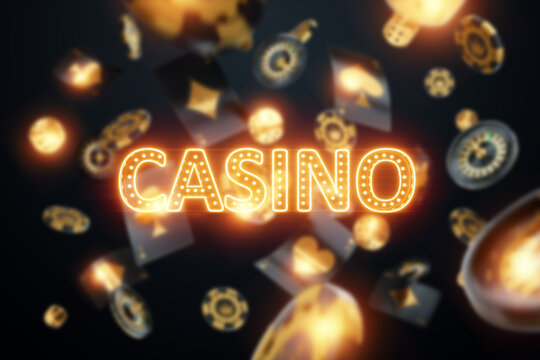 Poster for a casino in black and gold honor, a header for an online casino site. Casino inscription. Betting, card games, cards, roulette, casino lettering. 3D render, 3D illustration.