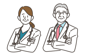 Elderly male and female doctors in white coats, stethoscopes lowered, smiling confidently [Vector illustration].