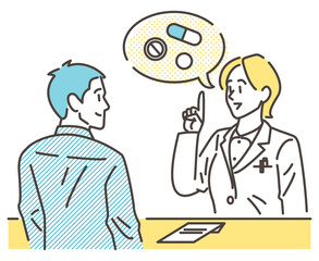 Vector illustration of a female pharmacist in a white coat explaining to a male patient how to take his medicine.
