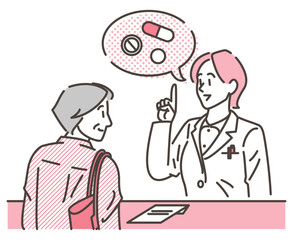 Vector illustration of a young female pharmacist in a white coat explaining to an elderly female patient how to take her medicine.