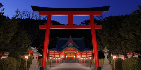 灯籠に明かりが灯る夜の神社の参道 / 初詣・二年参りのロケーションイメージ / 3Dレンダリング