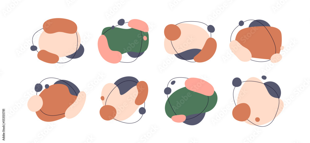 Fototapete Abstract organic shapes set. Fluid dynamic blob elements. Simple irregular liquid forms, creative blots, random overlapping drops. Colored flat graphic vector illustration isolated on white background