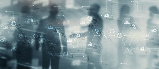 Diagrams and icons on hologram screen. Background with silhouettes