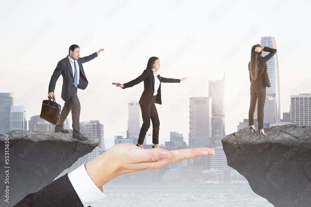 Aufkleber Bright image of team helping each other walk through obstacle on abstract city background with cliff gap. Teamwork, help, success and union concept.