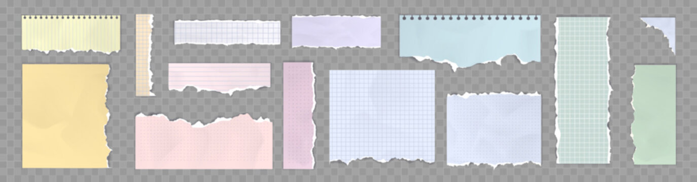 Torn paper sheets, colorful notebook pages with ragged edges. Blank and checkered memo notes or daily planner empty notepad pieces isolated on transparent background, Realistic 3d vector set