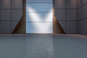 Urban futuristic concrete tile interior backdrop. Spaceship or gallery interior concept. 3D Rendering.