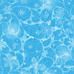 Gentle blue seamless pattern with paisley and transparent snowflakes. Vector image. Eps 10