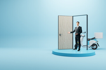 Online delivery to door concept. Businessman standing next to open door and scooter on blue background with mock up place. Fast food service concept.